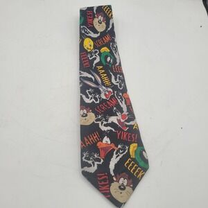Vtg Looney Tunes Halloween Silk‎ Tie  "Scream Yikes" Ghost Tweety Daffy Bugs Taz